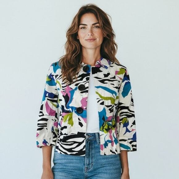 Women's Metrostyle White Black Multicolor Print Stripe Jacket Size 6 Retro - Picture 3 of 5